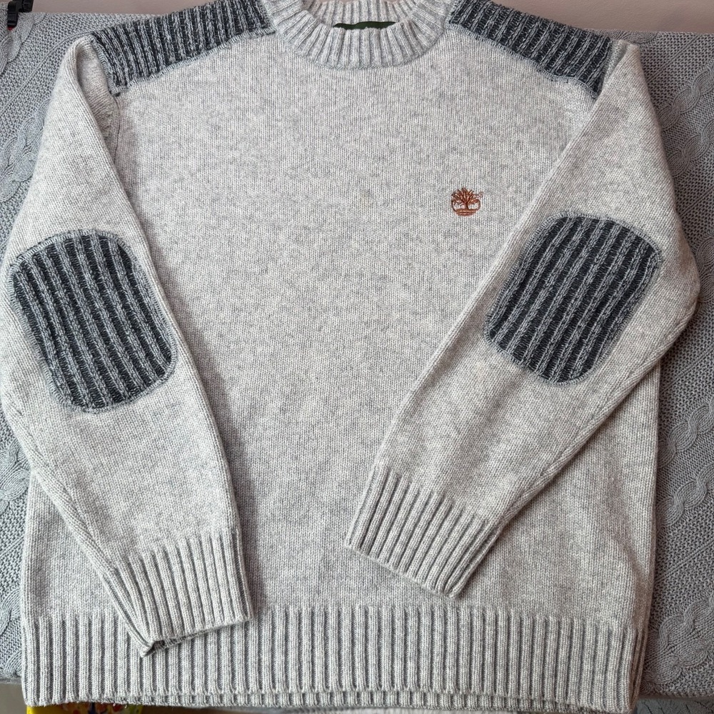 Timberland Sweater Mens XL Gray Crewneck Elbow Patch Ribbed‎ Gorpcore Outdoor